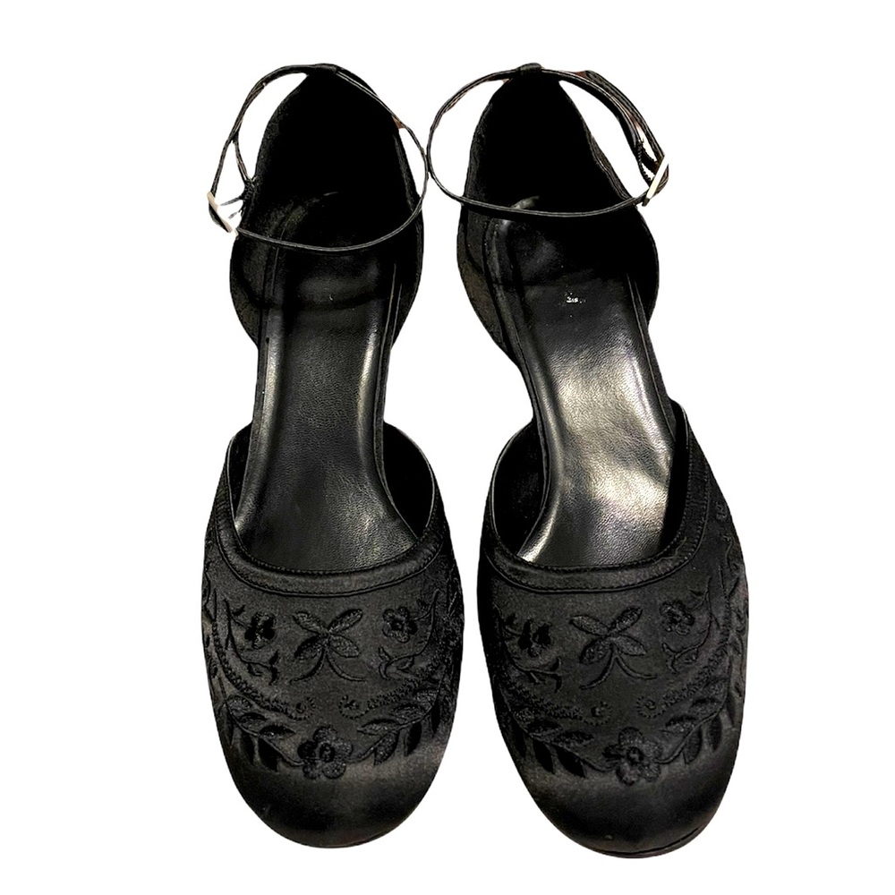 Black Embroidered Ankle-Strap Heels - Size 10
